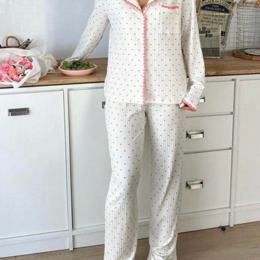 Cream Pajama Set with Pink Dot Trim